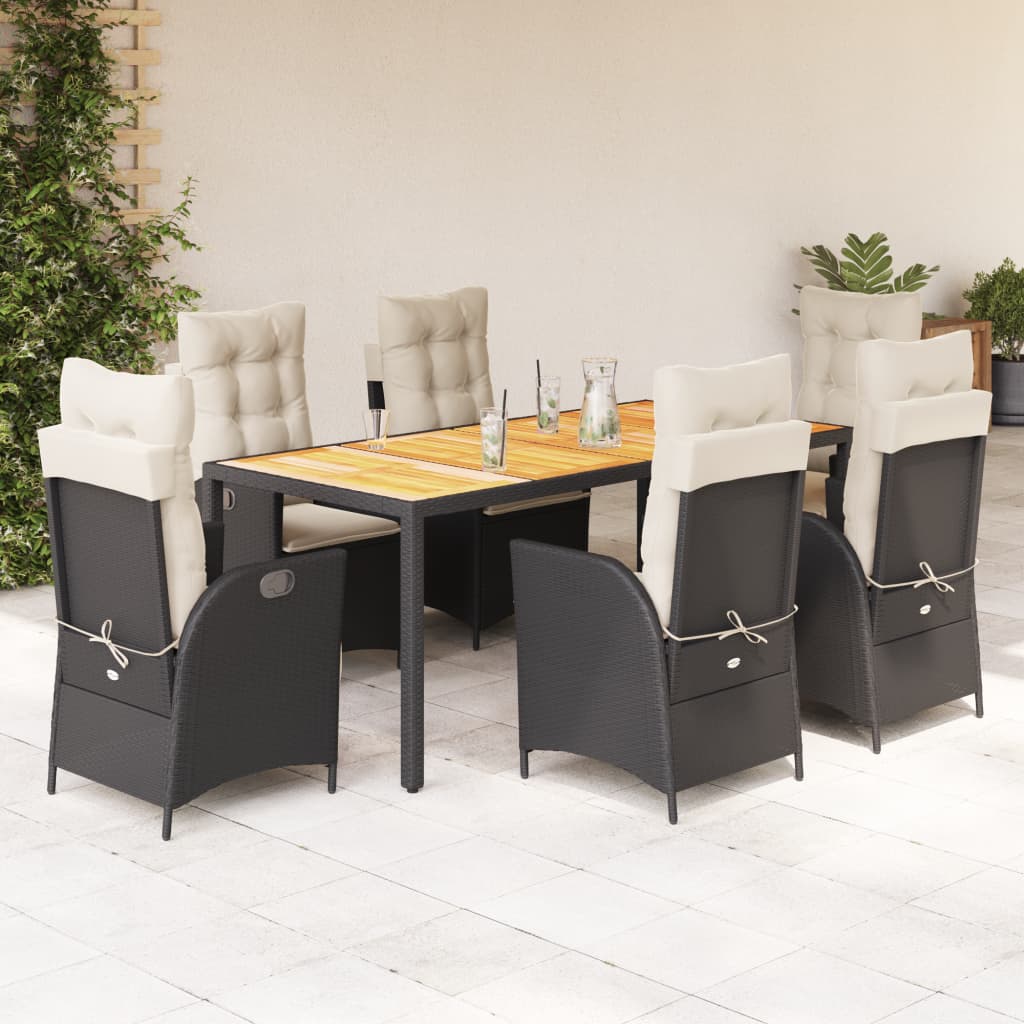 7-tlg. Garten-Essgruppe mit Kissen Schwarz Poly Rattan
