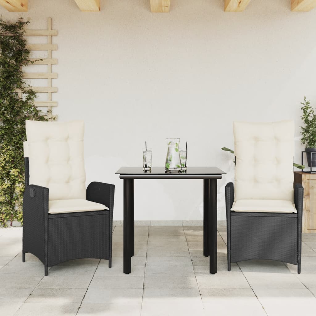 3-tlg. Garten-Essgruppe mit Kissen Schwarz Poly Rattan