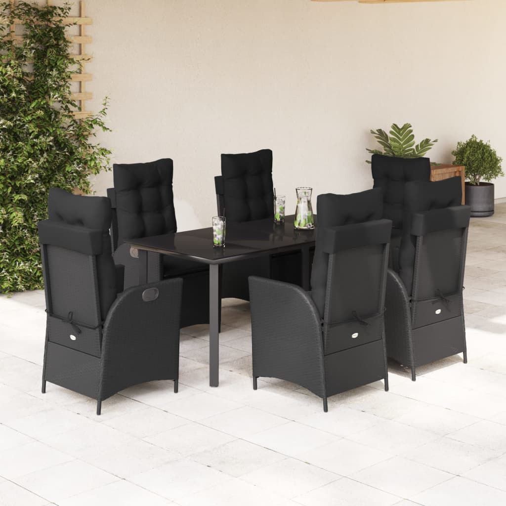 7-tlg. Garten-Essgruppe mit Kissen Schwarz Poly Rattan