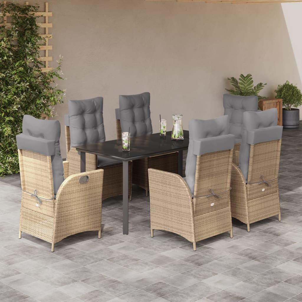 7-tlg. Garten-Essgruppe mit Kissen Beige Poly Rattan