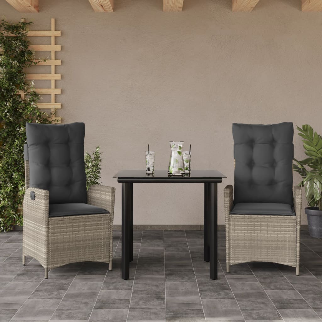3-tlg. Garten-Essgruppe mit Kissen Hellgrau Poly Rattan