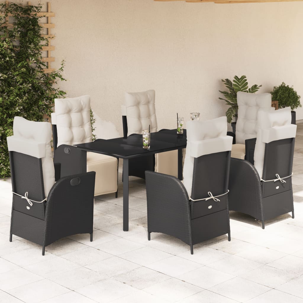 7-tlg. Garten-Essgruppe mit Kissen Schwarz Poly Rattan