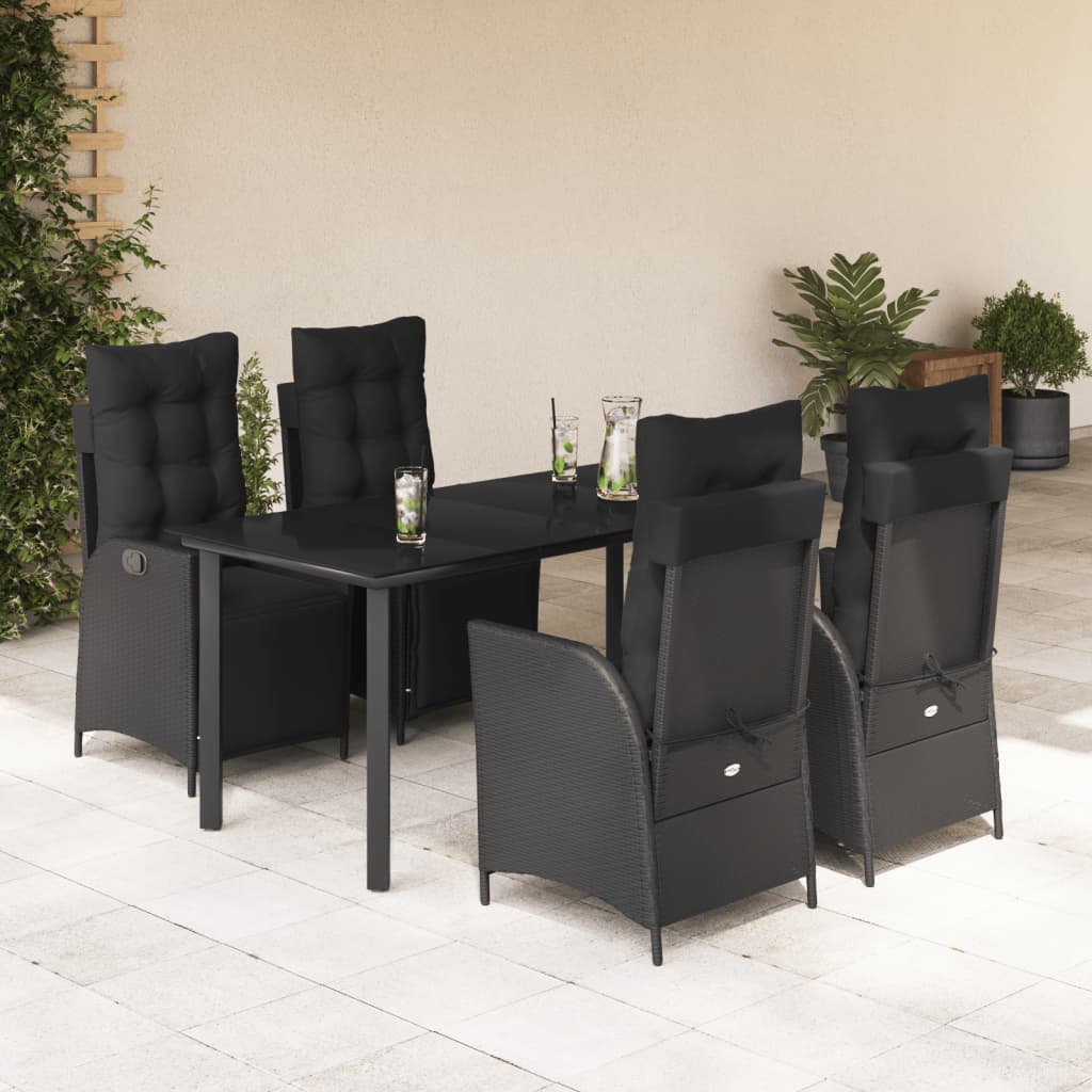 5-tlg. Garten-Essgruppe mit Kissen Schwarz Poly Rattan