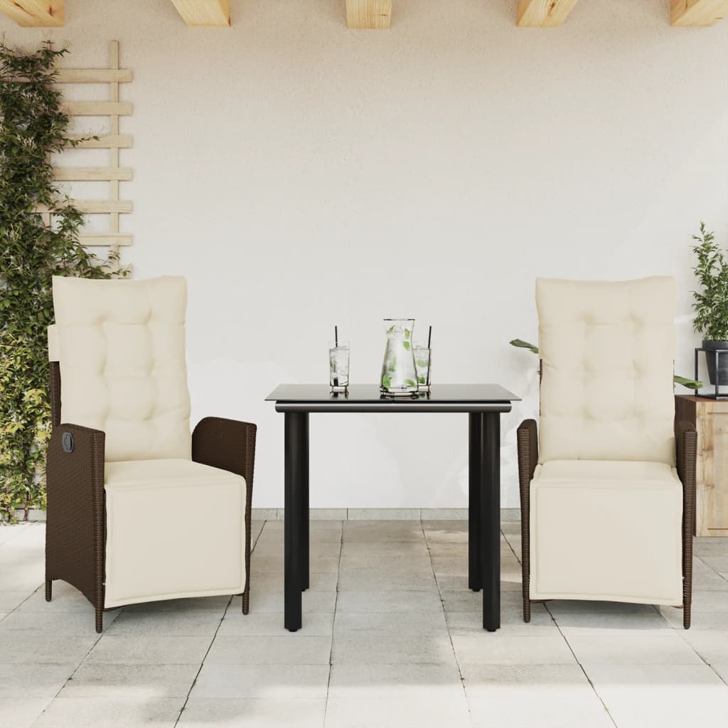 3-tlg. Garten-Essgruppe mit Kissen Braun Poly Rattan