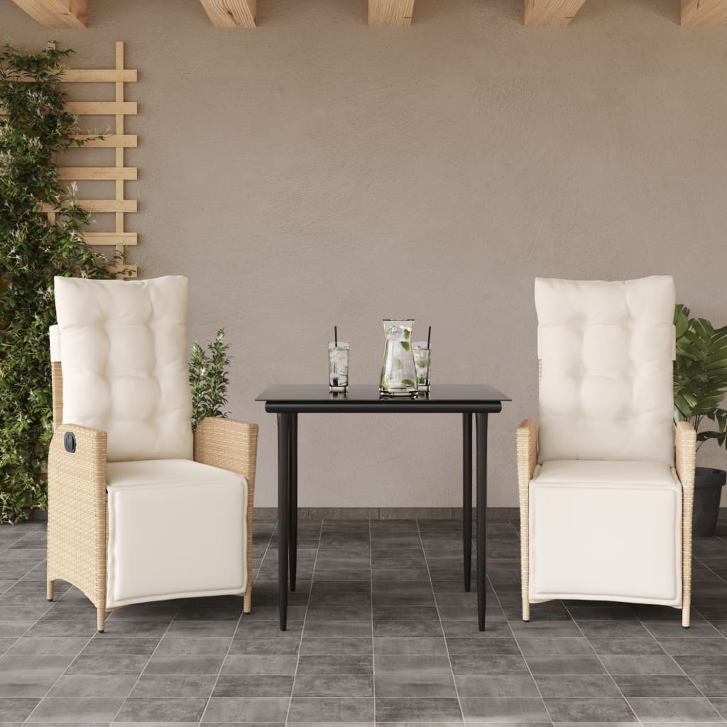 3-tlg. Garten-Essgruppe mit Kissen Beige Poly Rattan