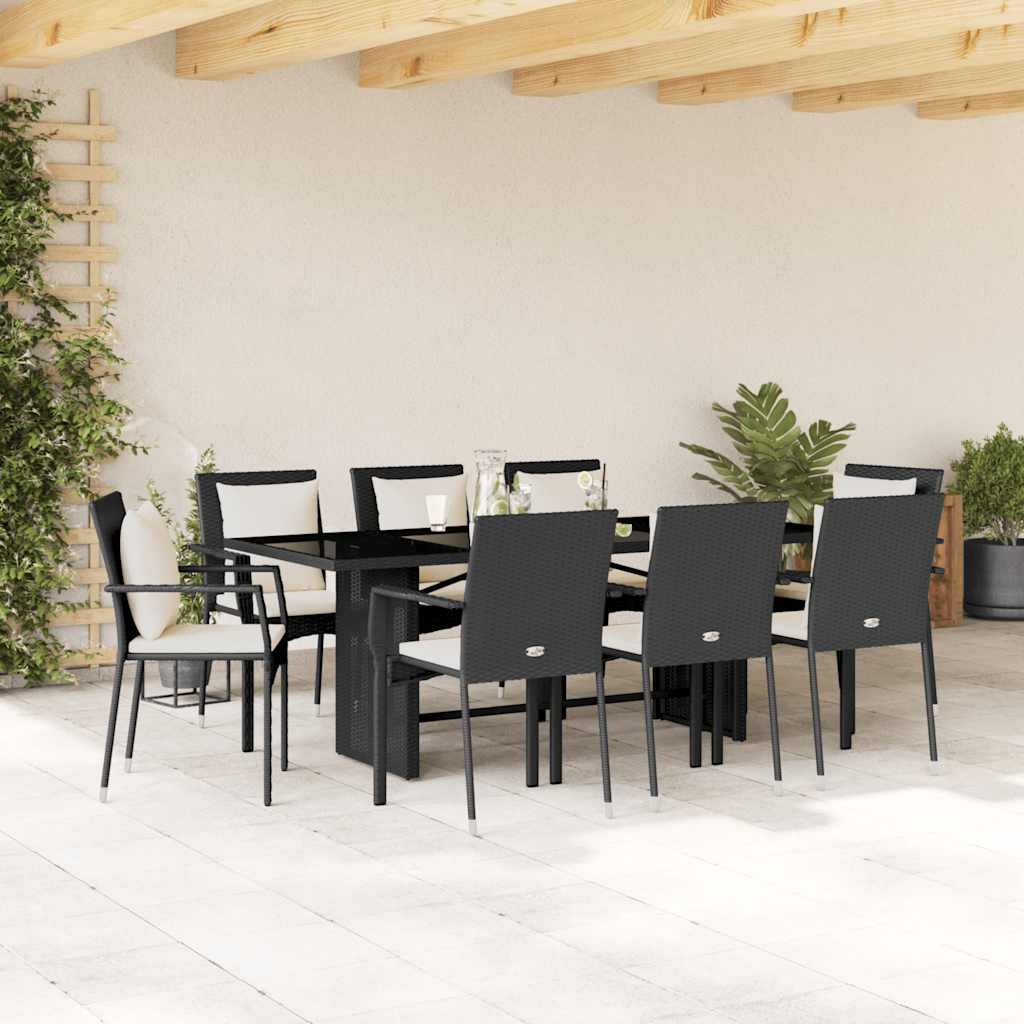 9-tlg. Garten-Essgruppe mit Kissen Schwarz Poly Rattan