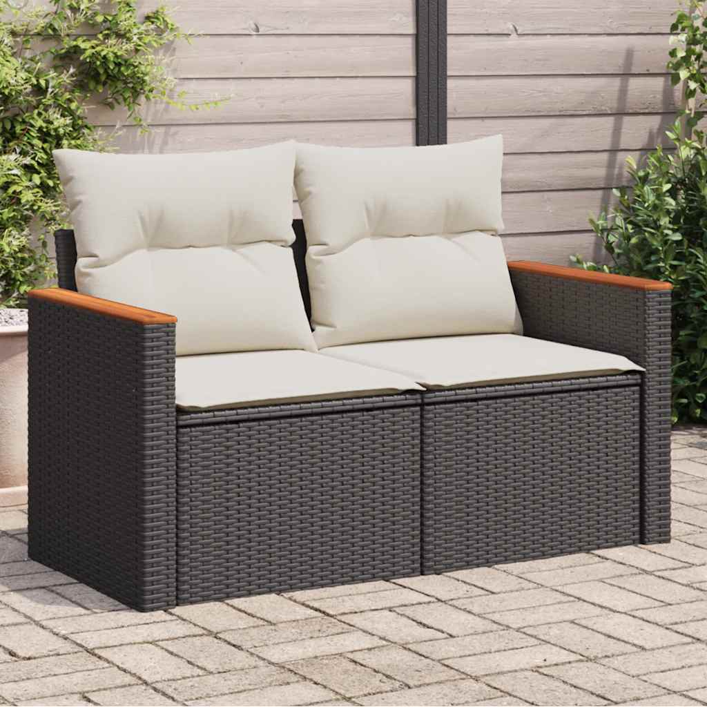 Gartensofa mit Kissen 2-Sitzer Schwarz Poly Rattan