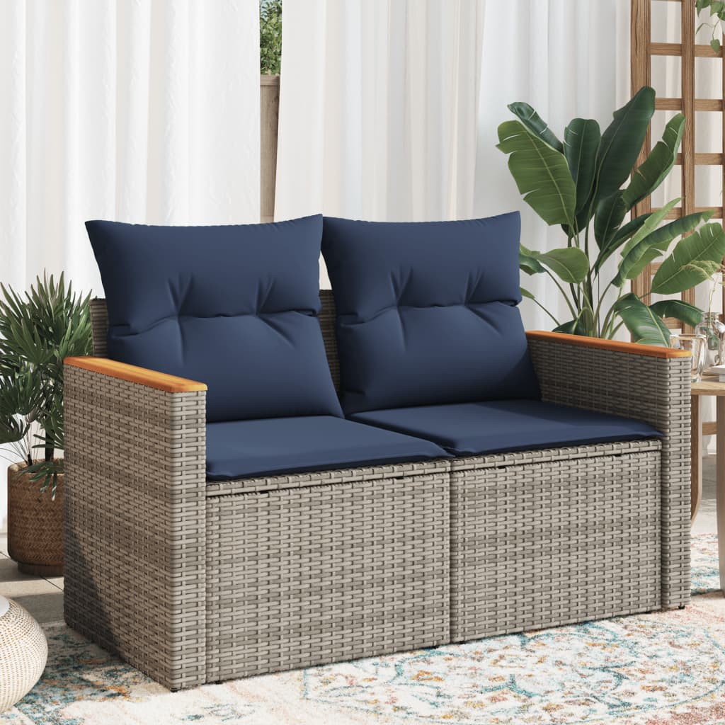 Gartensofa mit Kissen 2-Sitzer Grau Poly Rattan