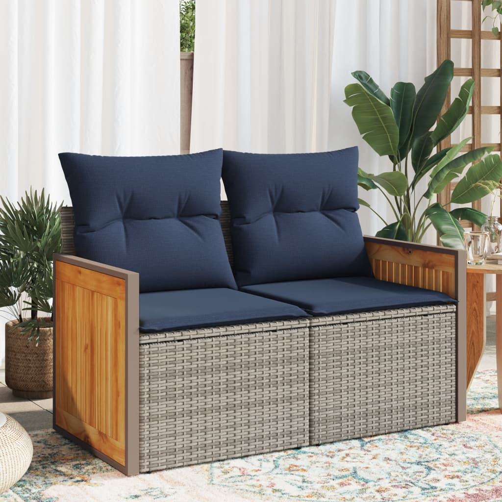 Gartensofa mit Kissen 2-Sitzer Grau Poly Rattan