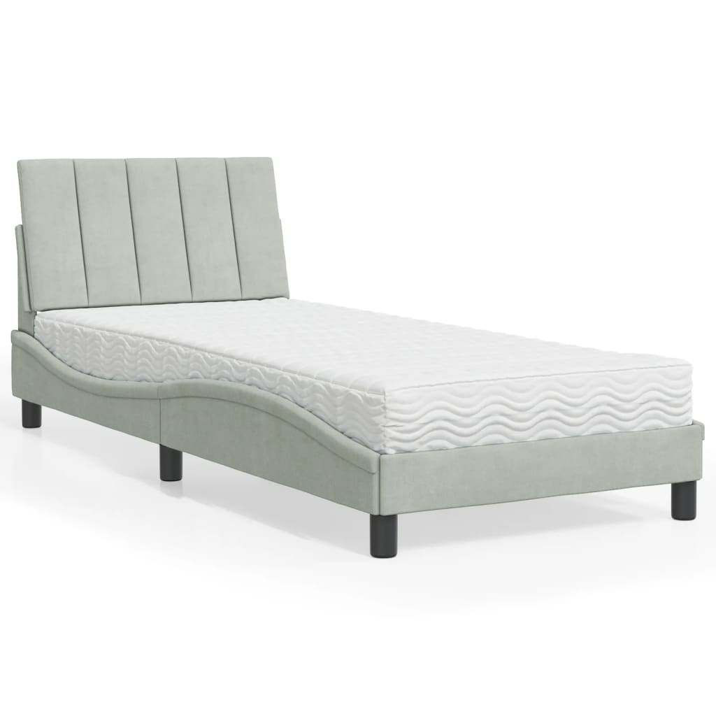 Bett mit Matratze "Hanko" Hellgrau 90x190 cm Samt