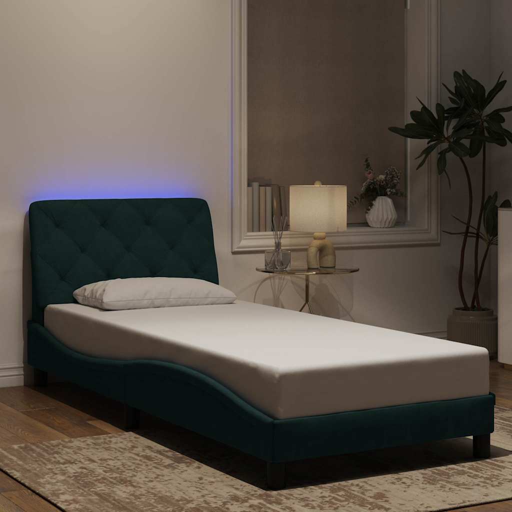 Bettgestell mit LED ohne Matratze Dunkelgrün 90x190 cm Samt