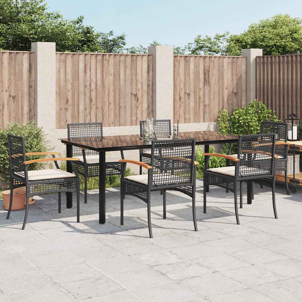 7-tlg. Garten-Essgruppe mit Kissen Schwarz Poly Rattan