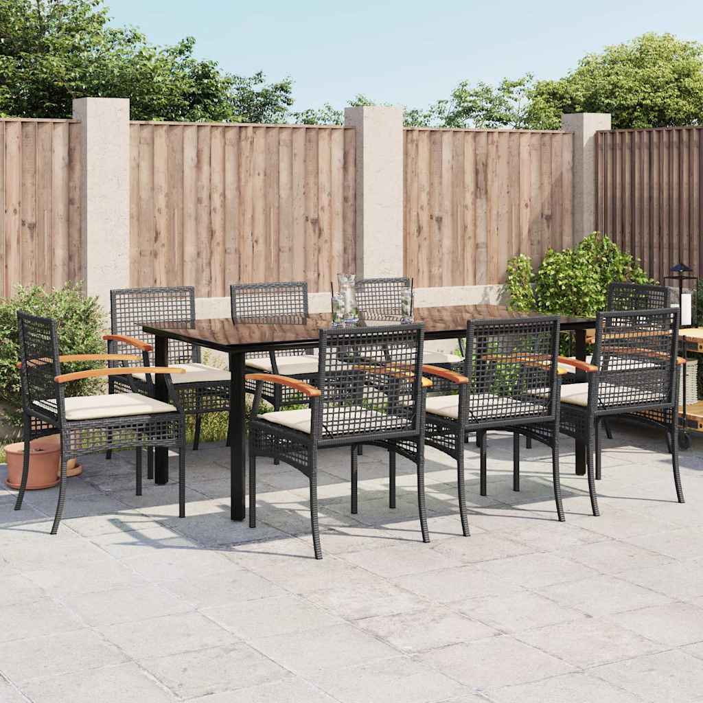 9-tlg. Garten-Essgruppe mit Kissen Schwarz Poly Rattan