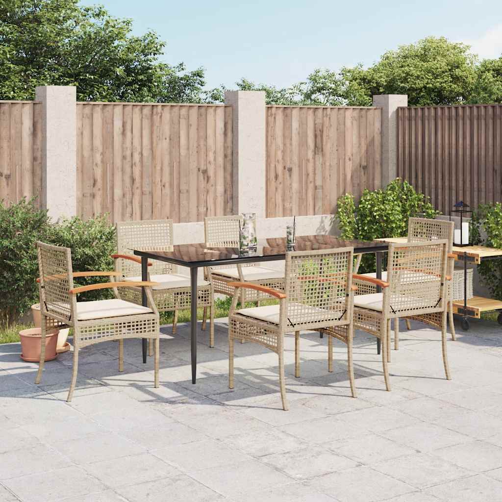 7-tlg. Garten-Essgruppe mit Kissen Beige Poly Rattan