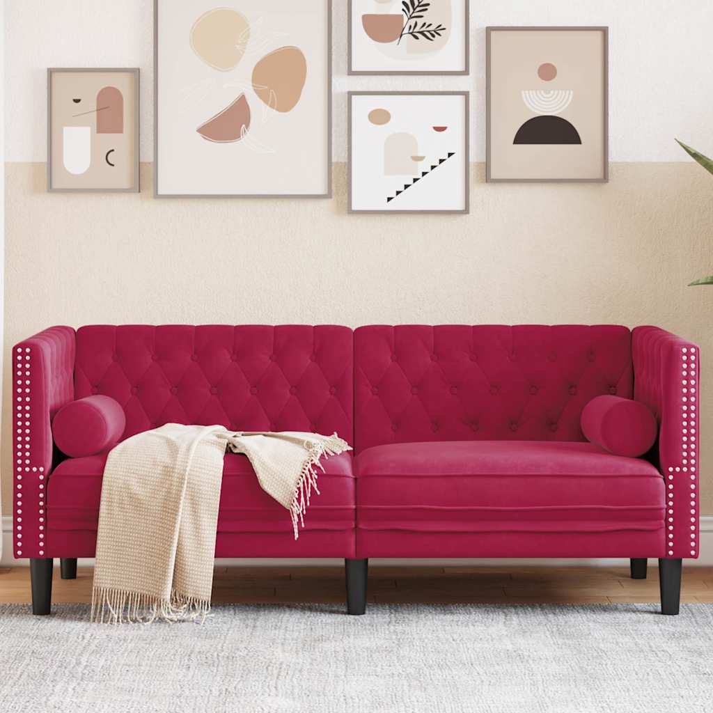 Chesterfield-Sofa mit Nackenrollen 2-Sitzer Weinrot Samt