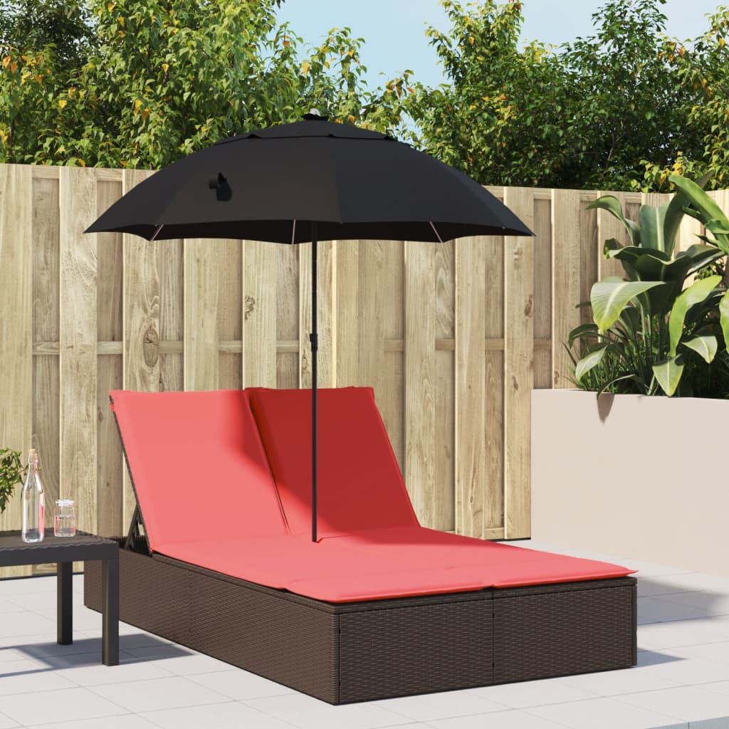 Doppel-Sonnenliege mit Kissen & Sonnenschirm Braun Poly Rattan