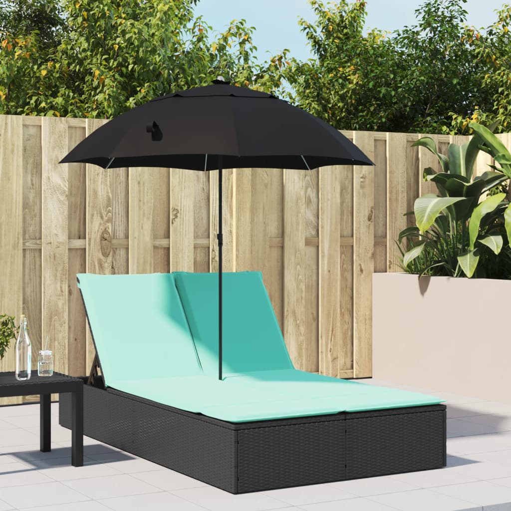 Doppel-Sonnenliege mit Kissen&Sonnenschirm Schwarz Poly Rattan