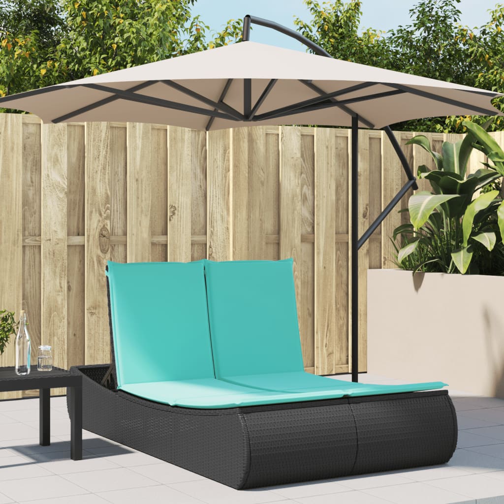 Doppel-Sonnenliege mit Kissen Schwarz Poly Rattan