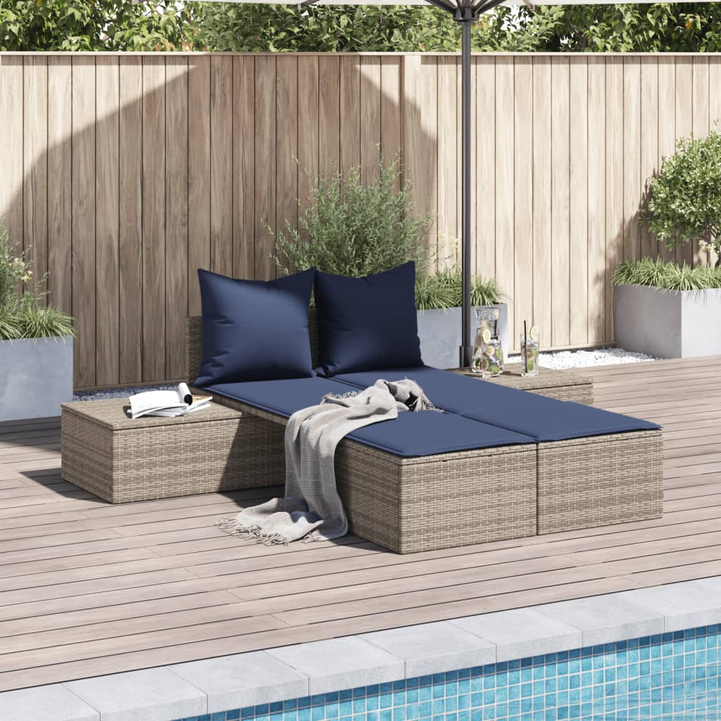Doppel-Sonnenliege mit Kissen Grau Poly Rattan