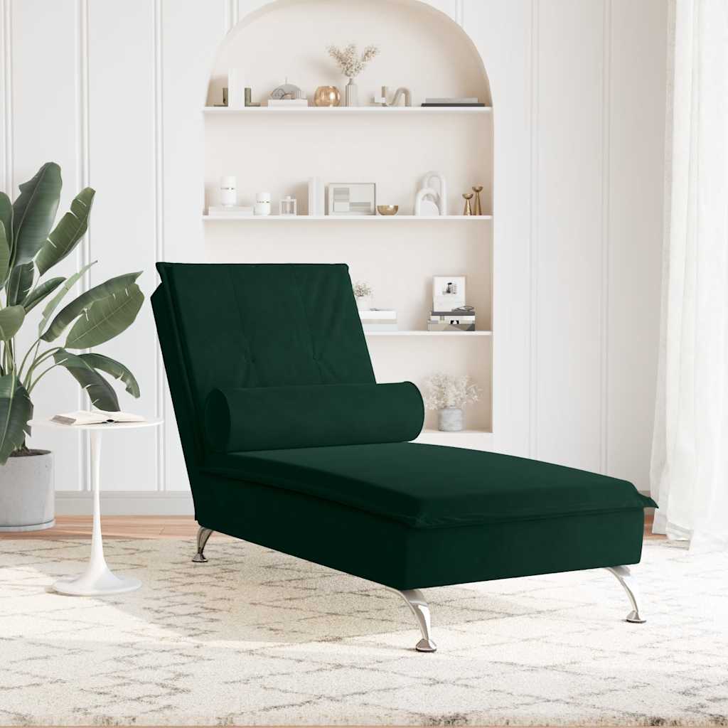 Massage-Chaiselongue mit Nackenrolle Dunkelgrün Samt