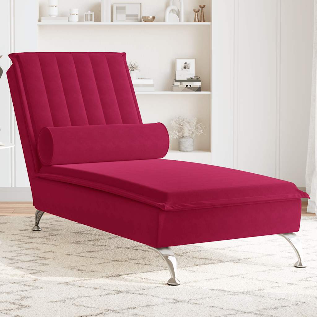 Massage-Chaiselongue mit Nackenrolle Weinrot Samt