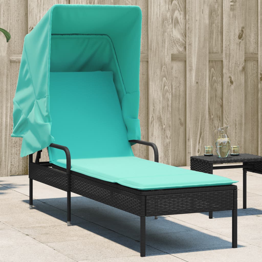 Sonnenliege mit Sonnendach Schwarz Poly-Rattan