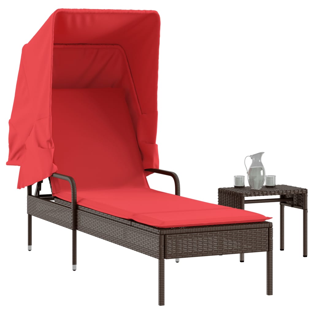 Sonnenliege mit Sonnendach und Tisch Braun Polyrattan