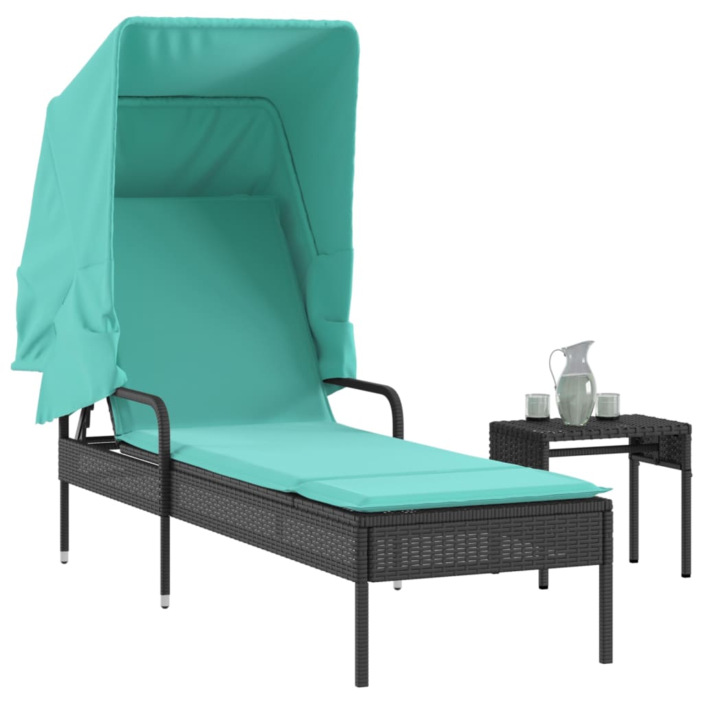 Sonnenliege mit Sonnendach und Tisch Schwarz Polyrattan