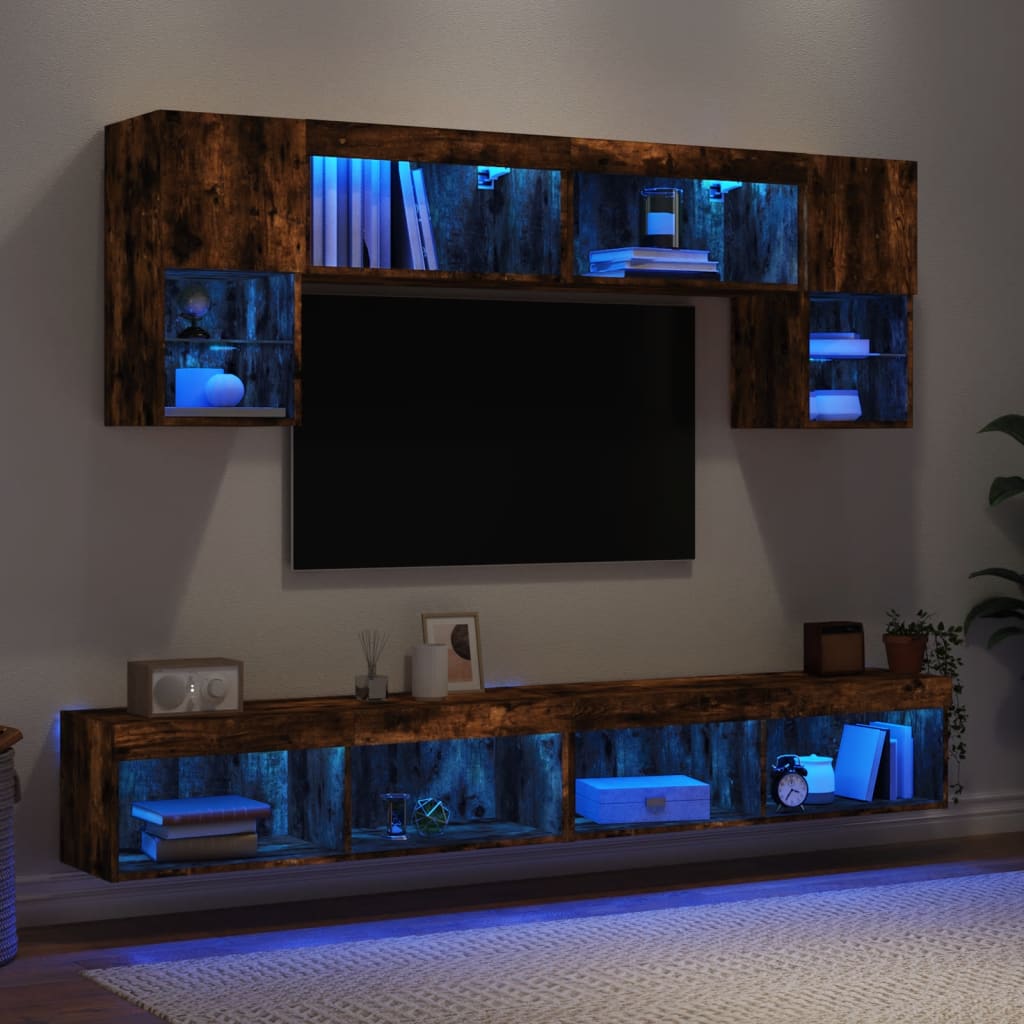 6-tlg. Wohnwand mit LED-Beleuchtung Räuchereiche Holzwerkstoff
