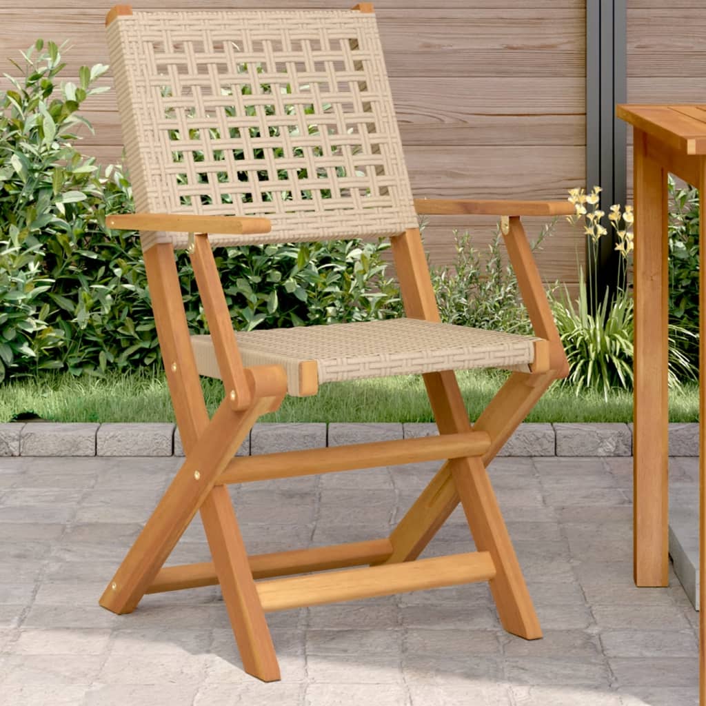 Klappstühle, 2 Stück, beige, Massivholz Akazie und Polyrattan