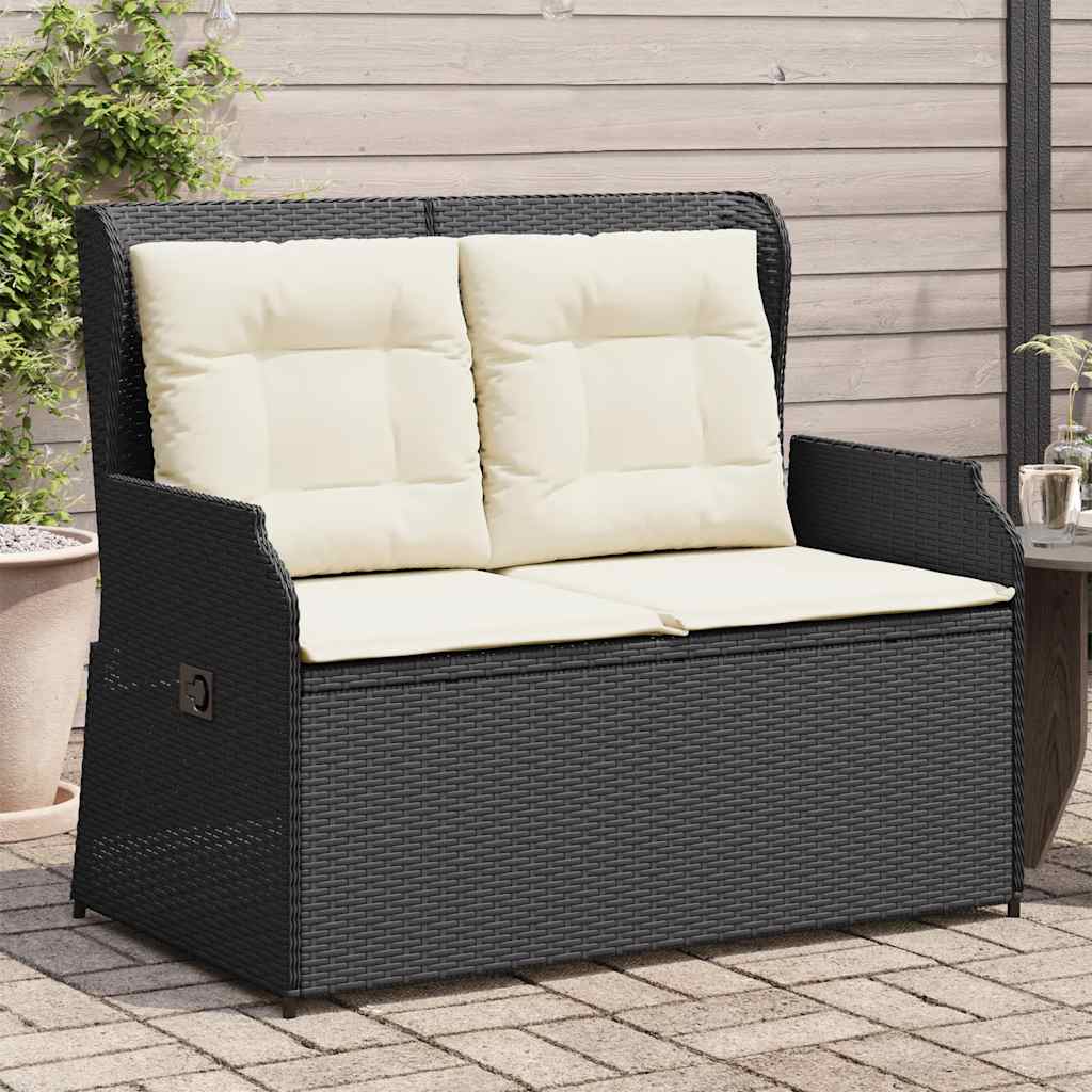 Gartenbank Verstellbar mit Kissen Schwarz Poly Rattan