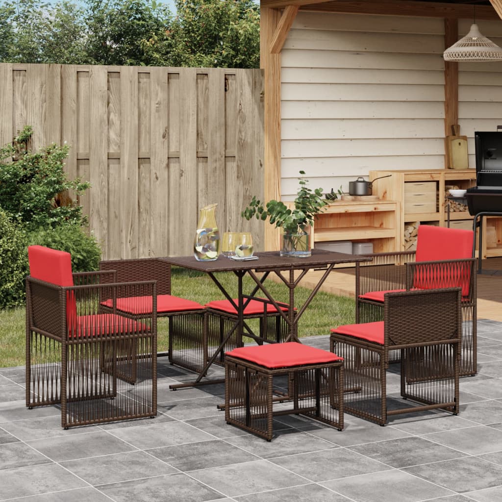 7-teiliges Garten-Essset mit Kissen Braun Polyrattan