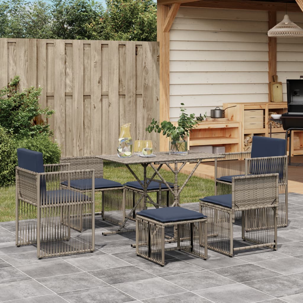 7-teiliges Garten-Essset mit Kissen Grau Polyrattan