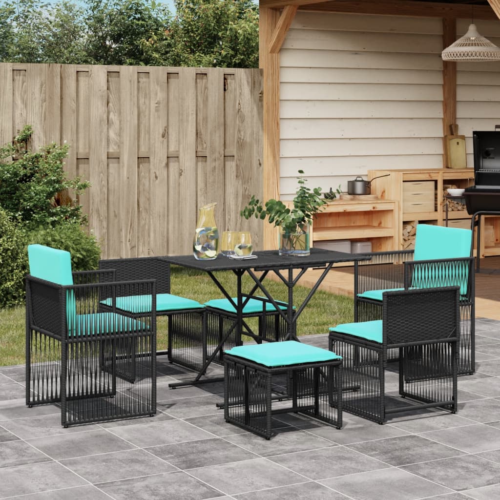 7-teiliges Garten-Essset mit Kissen Schwarz Polyrattan