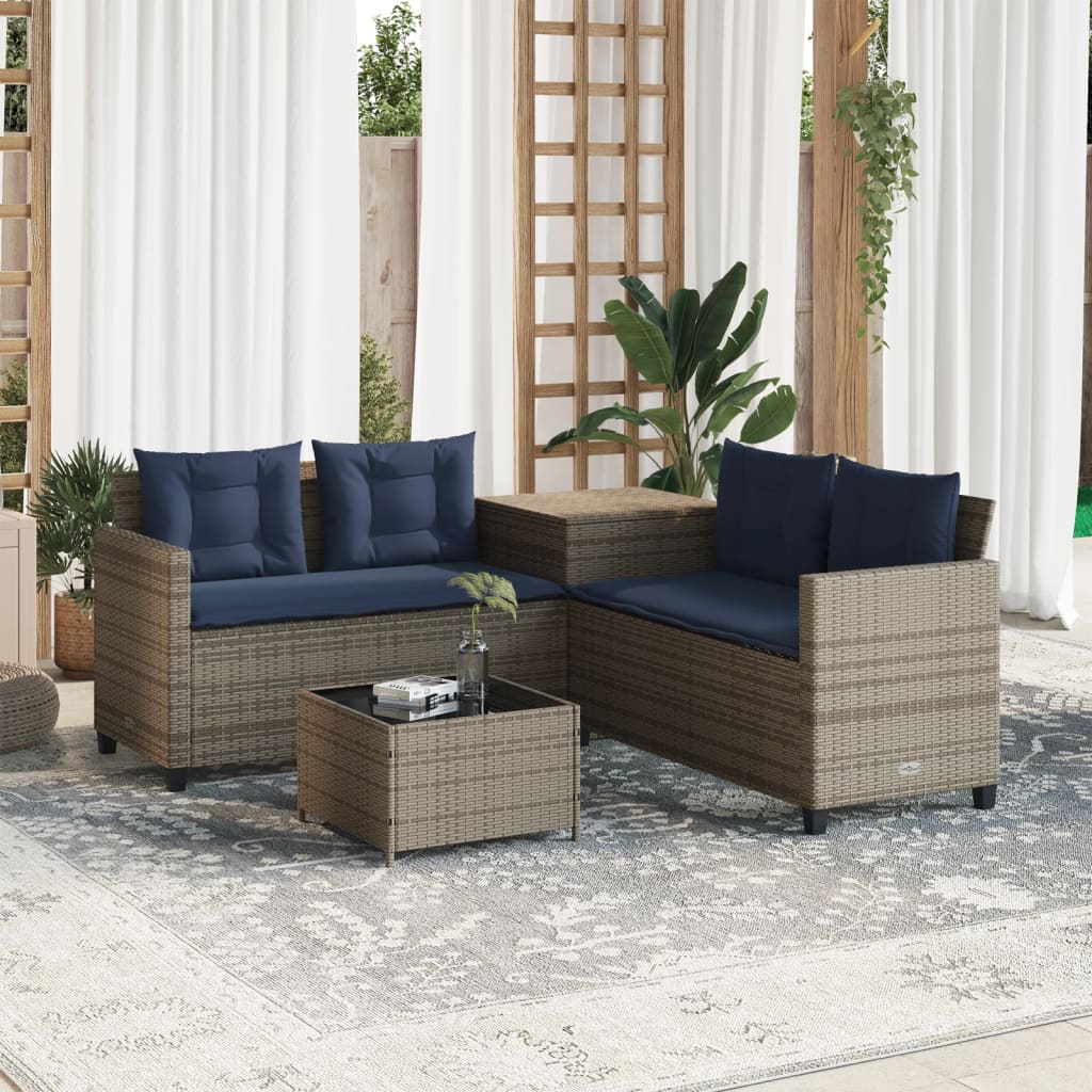 Gartensofa mit Tisch und Kissen L-förmig Grau Polyrattan