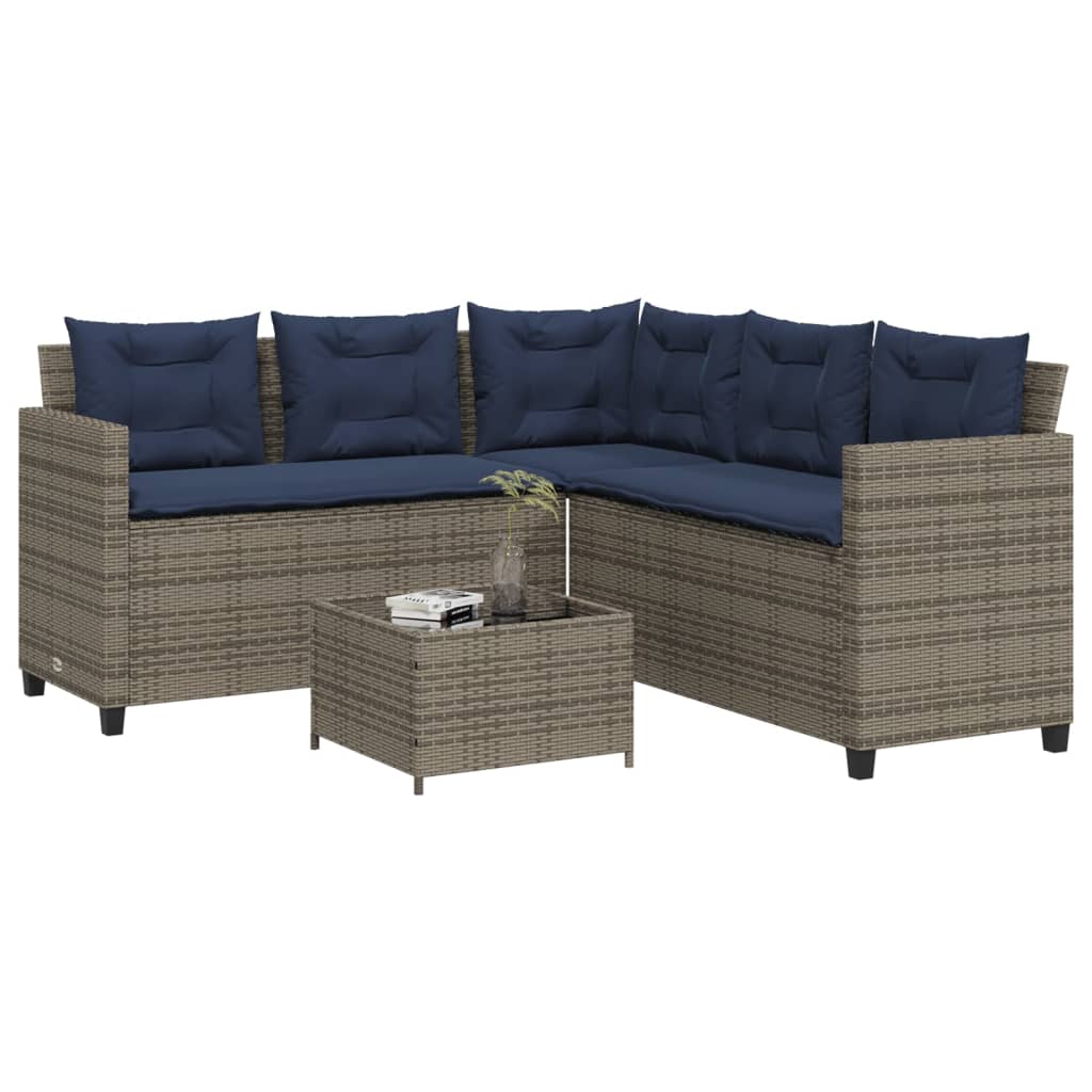 Gartensofa mit Tisch und Kissen L-förmig Grau Polyrattan