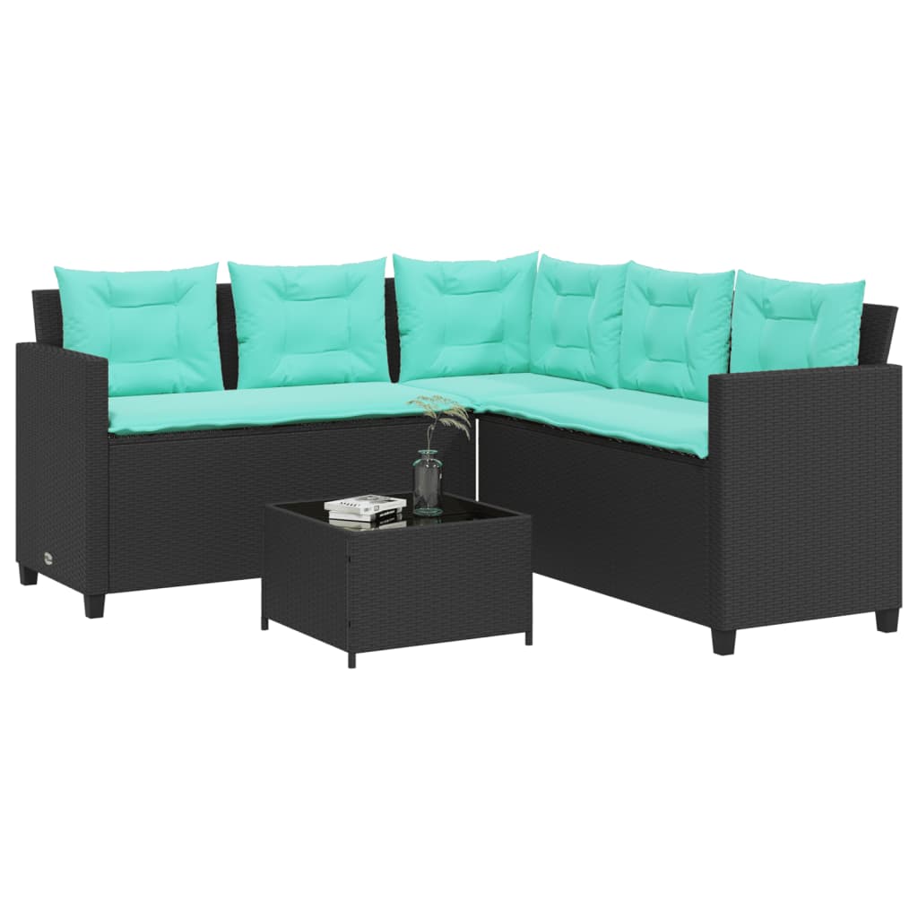 Gartensofa mit Tisch und Kissen L-förmig Schwarz Polyrattan