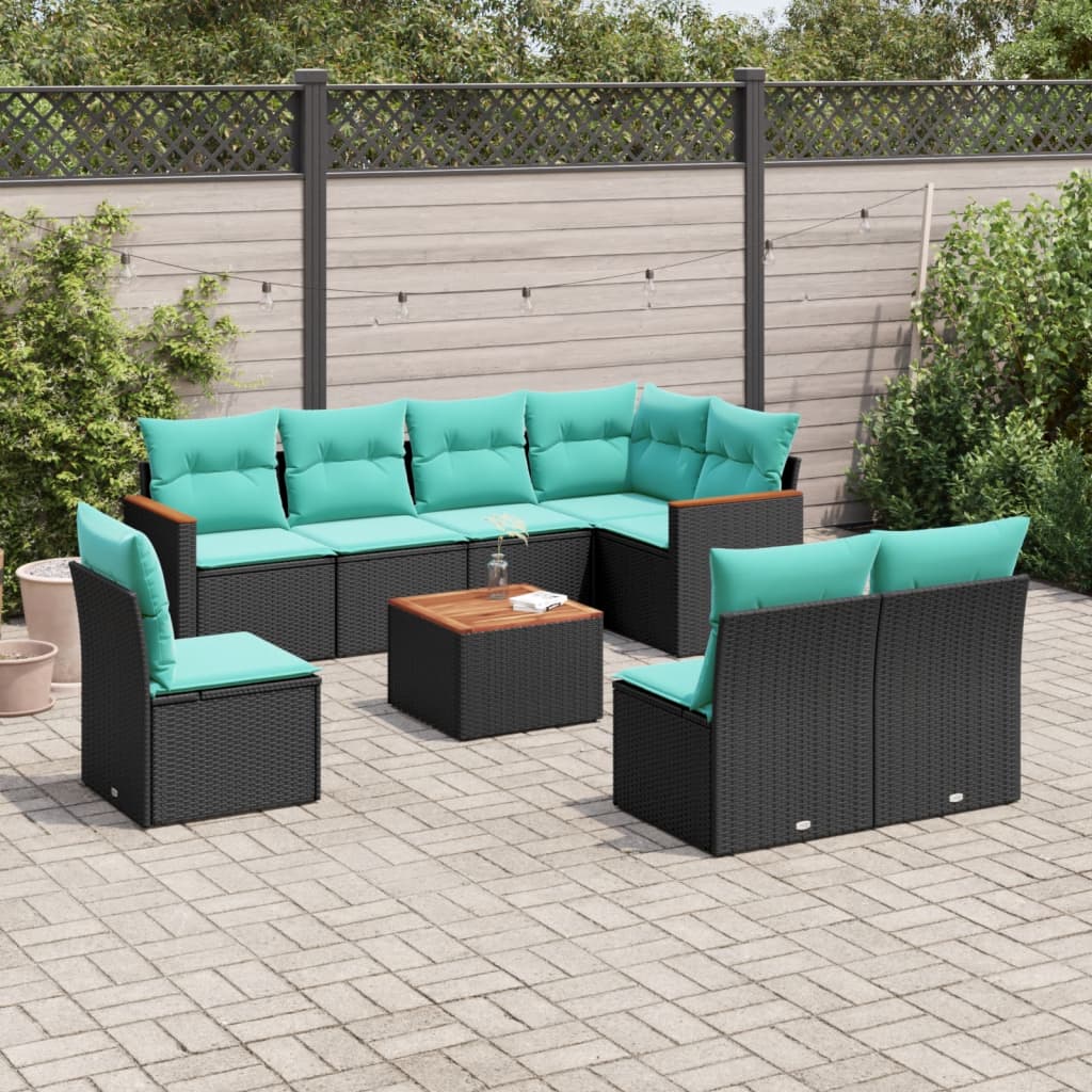 9-teiliges Gartensofa-Set mit Kissen, schwarzes Polyrattan