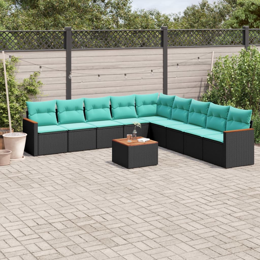 10-teiliges Gartensofa-Set mit Kissen, schwarzes Polyrattan