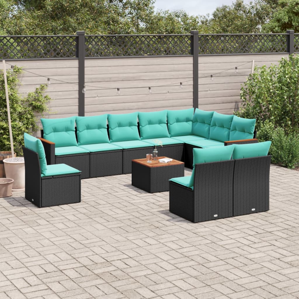 11-teiliges Gartensofa-Set mit Kissen, schwarzes Polyrattan