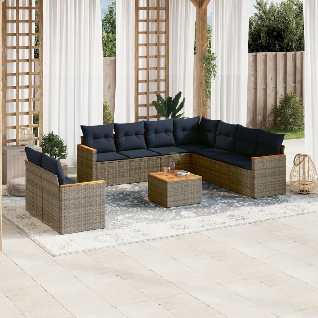10-teiliges Gartensofa-Set mit Kissen, grau, Polyrattan