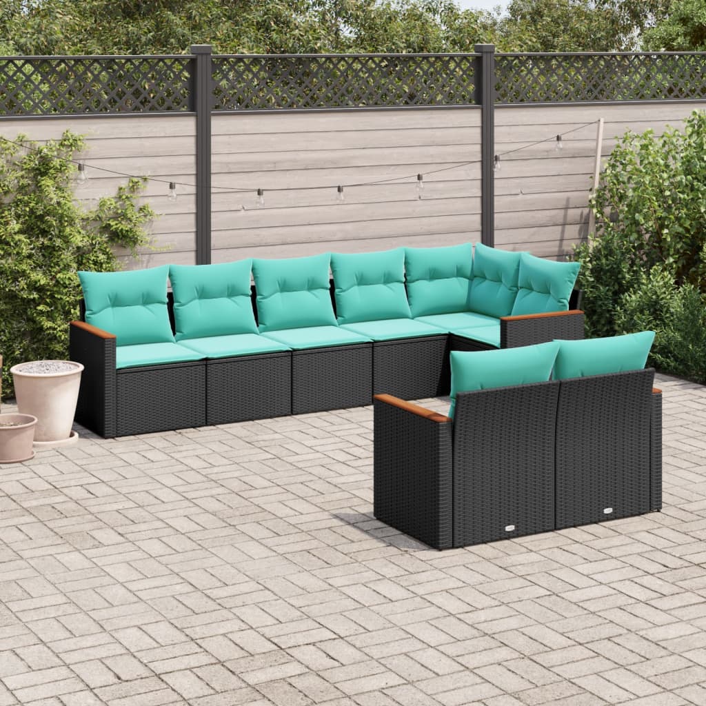 8-teiliges Gartensofa-Set mit Kissen, schwarzes Polyrattan