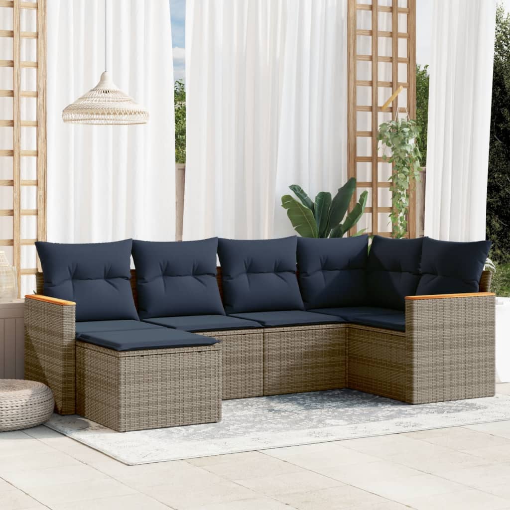 6-teiliges Gartensofa-Set mit Kissen, grau, Polyrattan