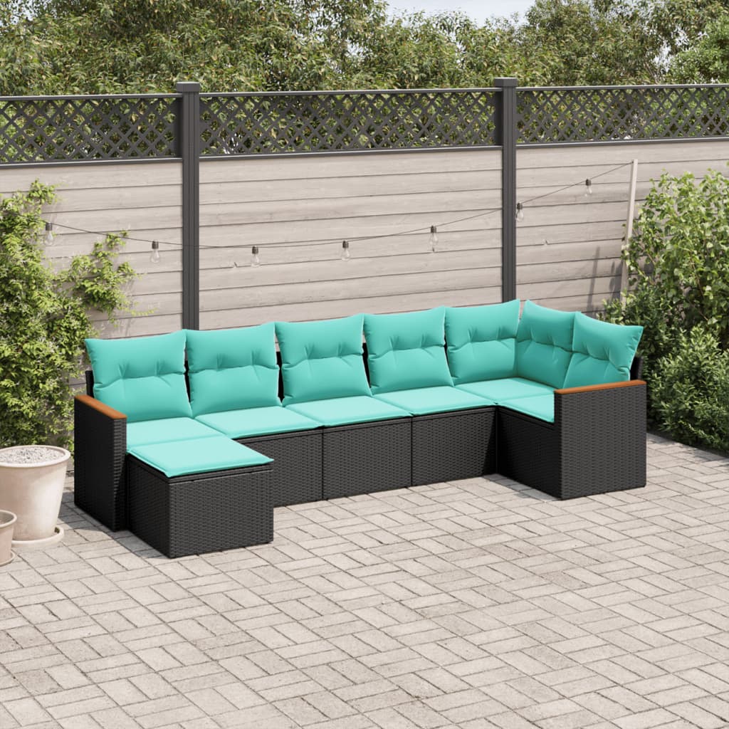 7-teiliges Gartensofa-Set mit Kissen, schwarzes Polyrattan