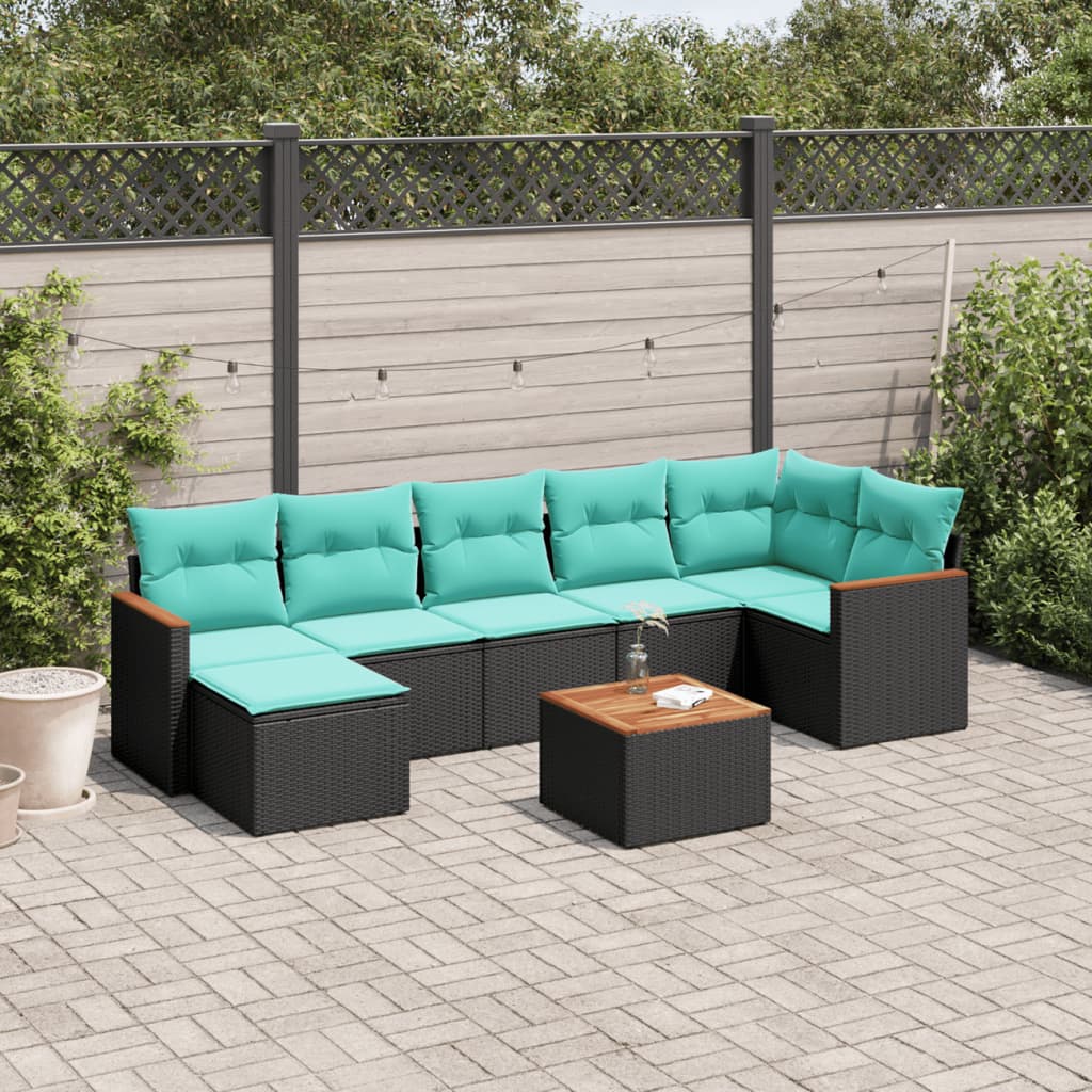 8-teiliges Gartensofa-Set mit Kissen, schwarzes Polyrattan