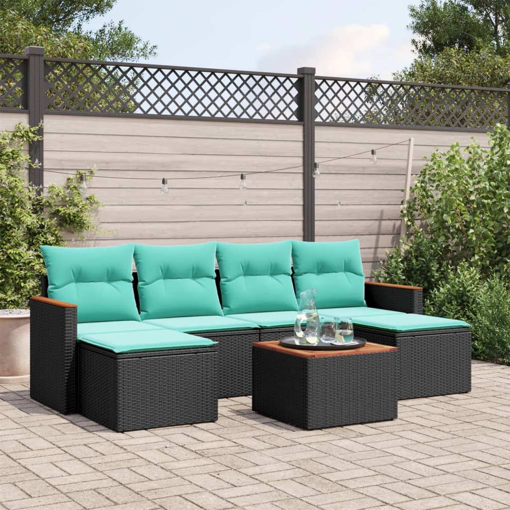 7-teiliges Gartensofa-Set mit Kissen, schwarzes Polyrattan