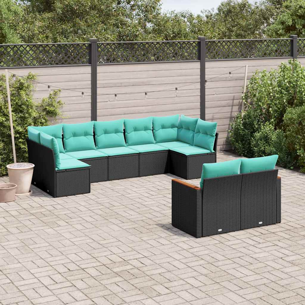9-teiliges Gartensofa-Set mit Kissen, schwarzes Polyrattan