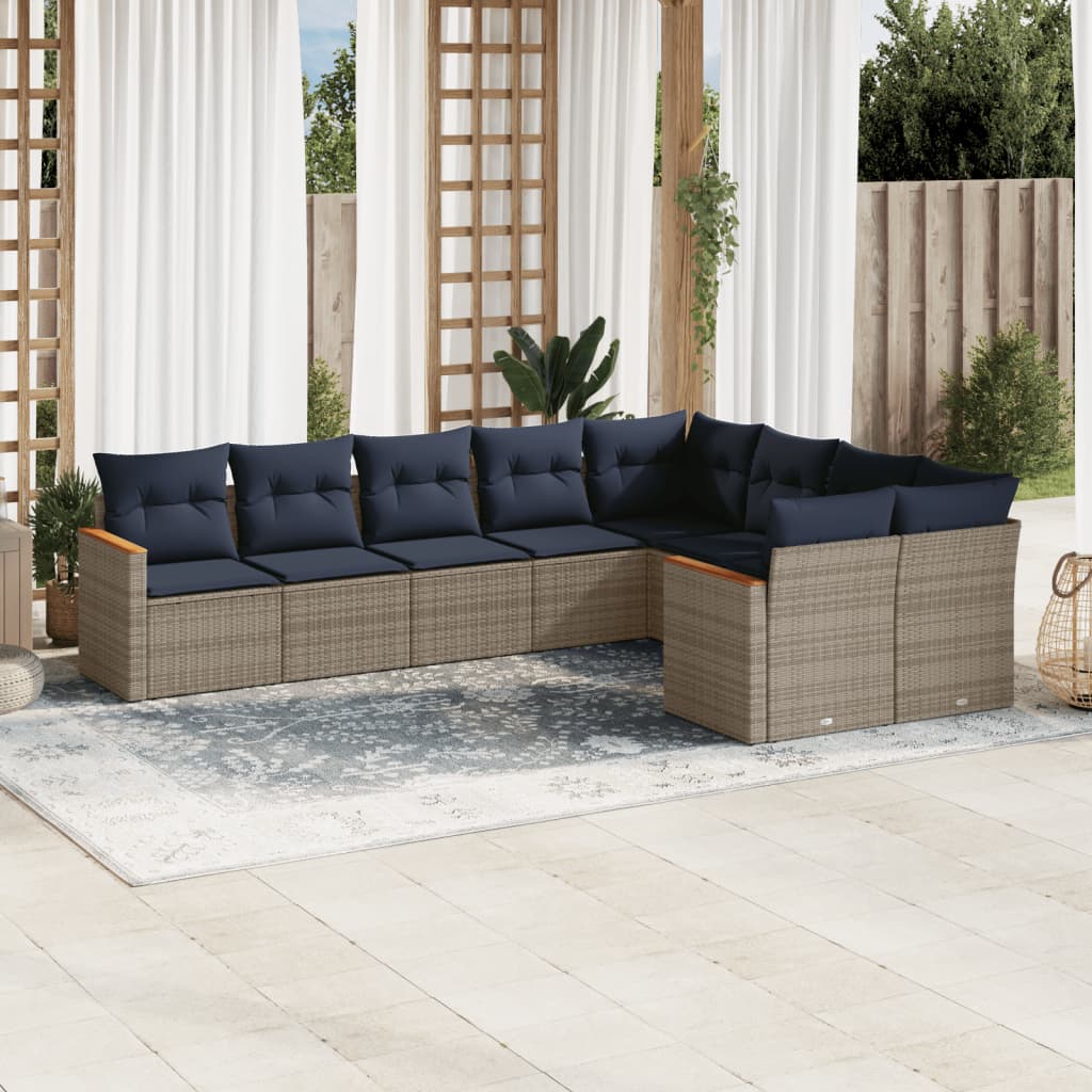 9-teiliges Gartensofa-Set mit Kissen, grau, Polyrattan