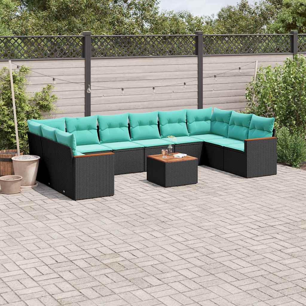 11-teiliges Gartensofa-Set mit Kissen, schwarzes Polyrattan