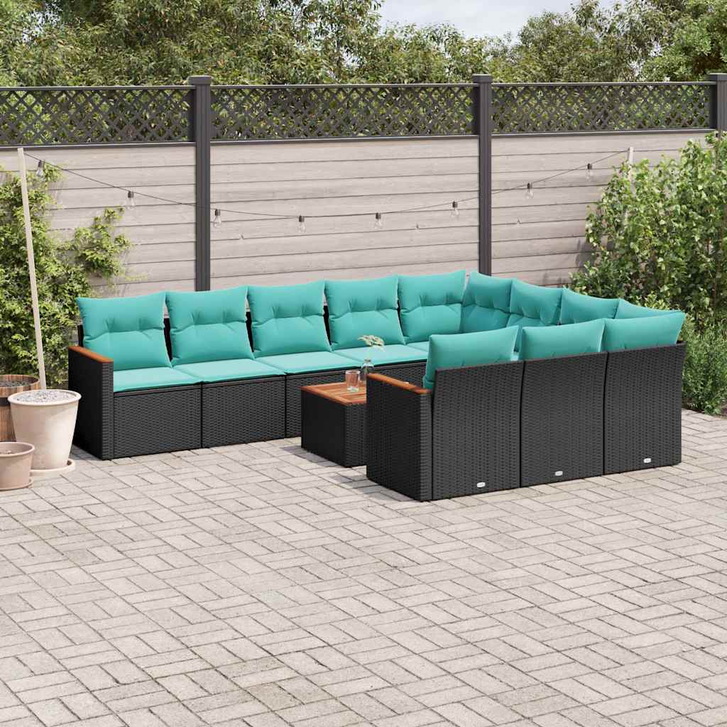 11-teiliges Gartensofa-Set mit Kissen, schwarzes Polyrattan